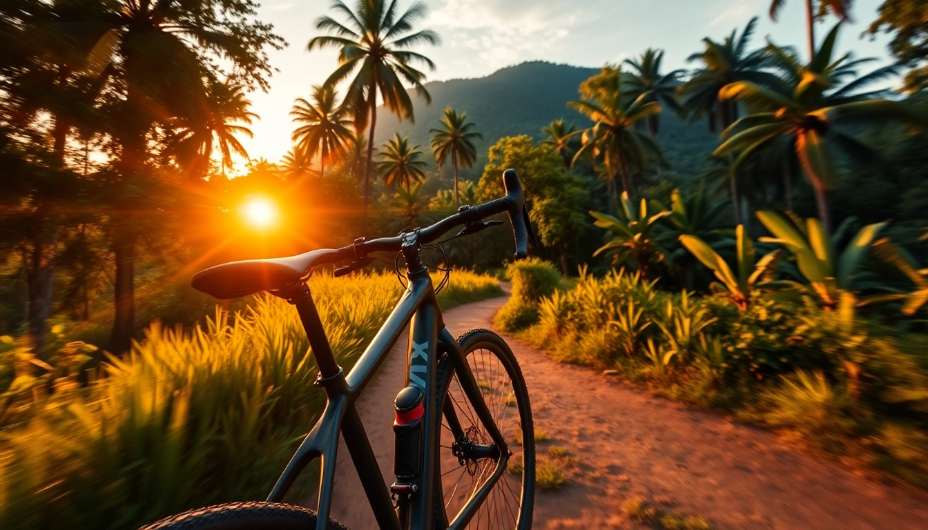 Trek mountain bike navigating a tropical trail in Indonesia, highlighting adventure and rugged terrain.