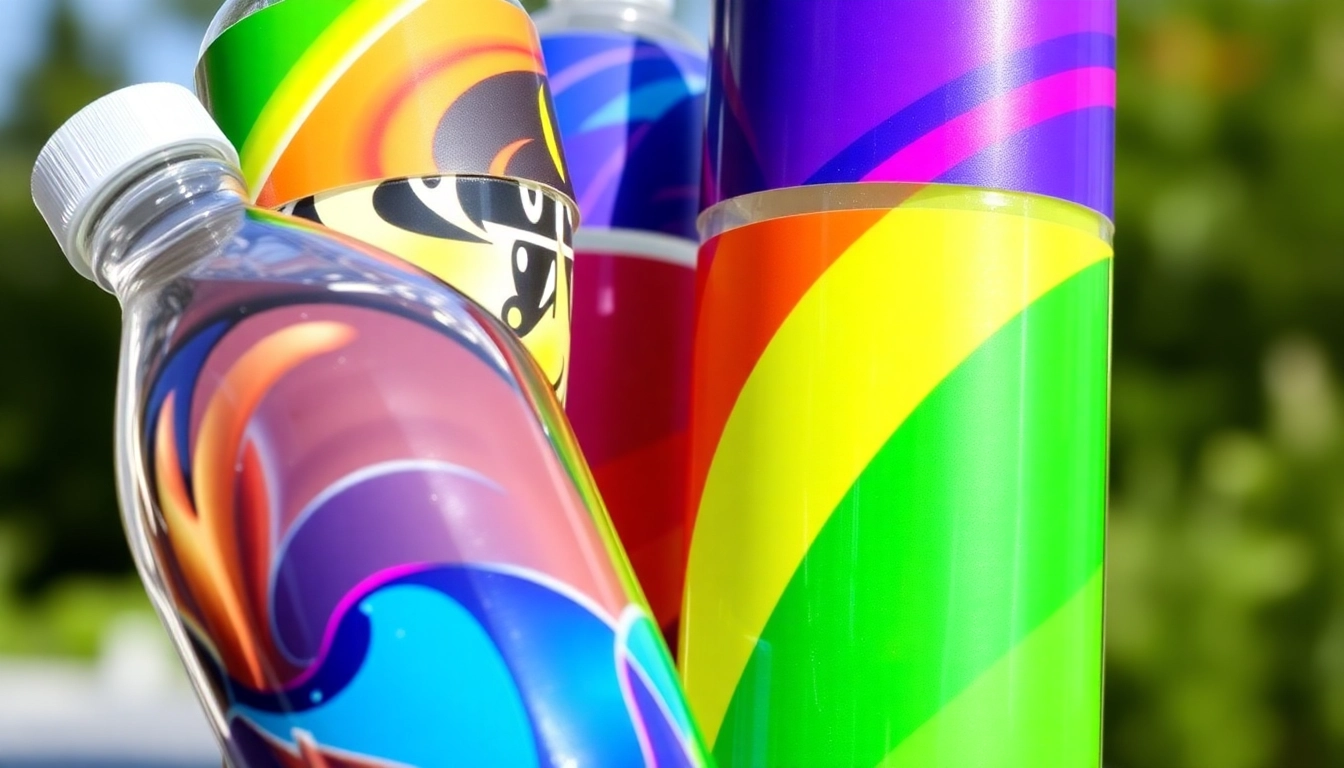 Custom water bottle labels being applied to water bottles with vibrant, waterproof designs, highlighting durability and customization options for promotional or event use.