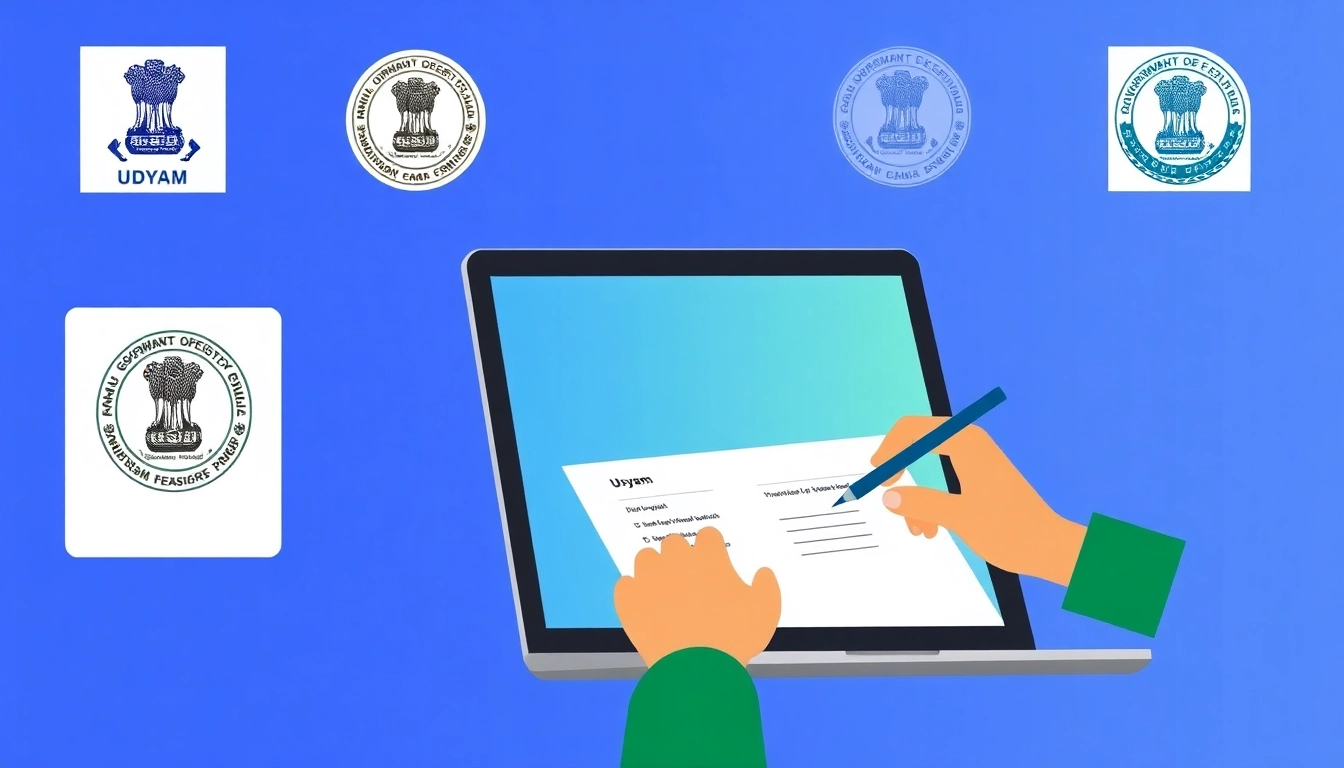 Online udyam registration process being completed on a computer, emphasizing ease and official documentation, in a clear and accessible design.