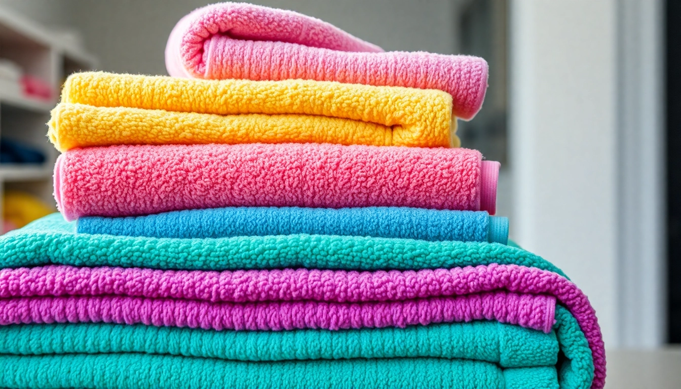 High-quality Towels Wholesale featuring soft, absorbent cotton towels stacked for retail or bulk order presentation, highlighting premium textile texture and vibrant colors.