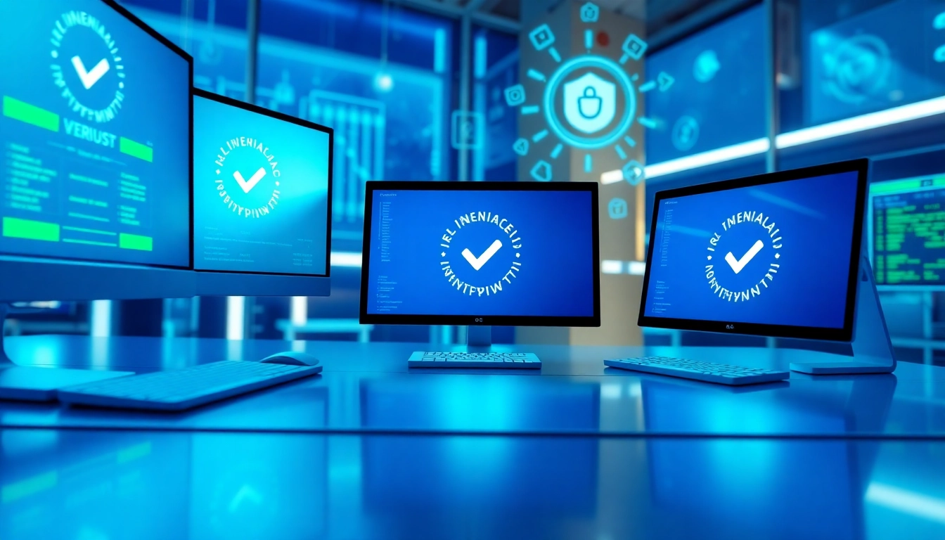 A modern workspace with screens showing verified account badges and financial data, emphasizing trust and security.