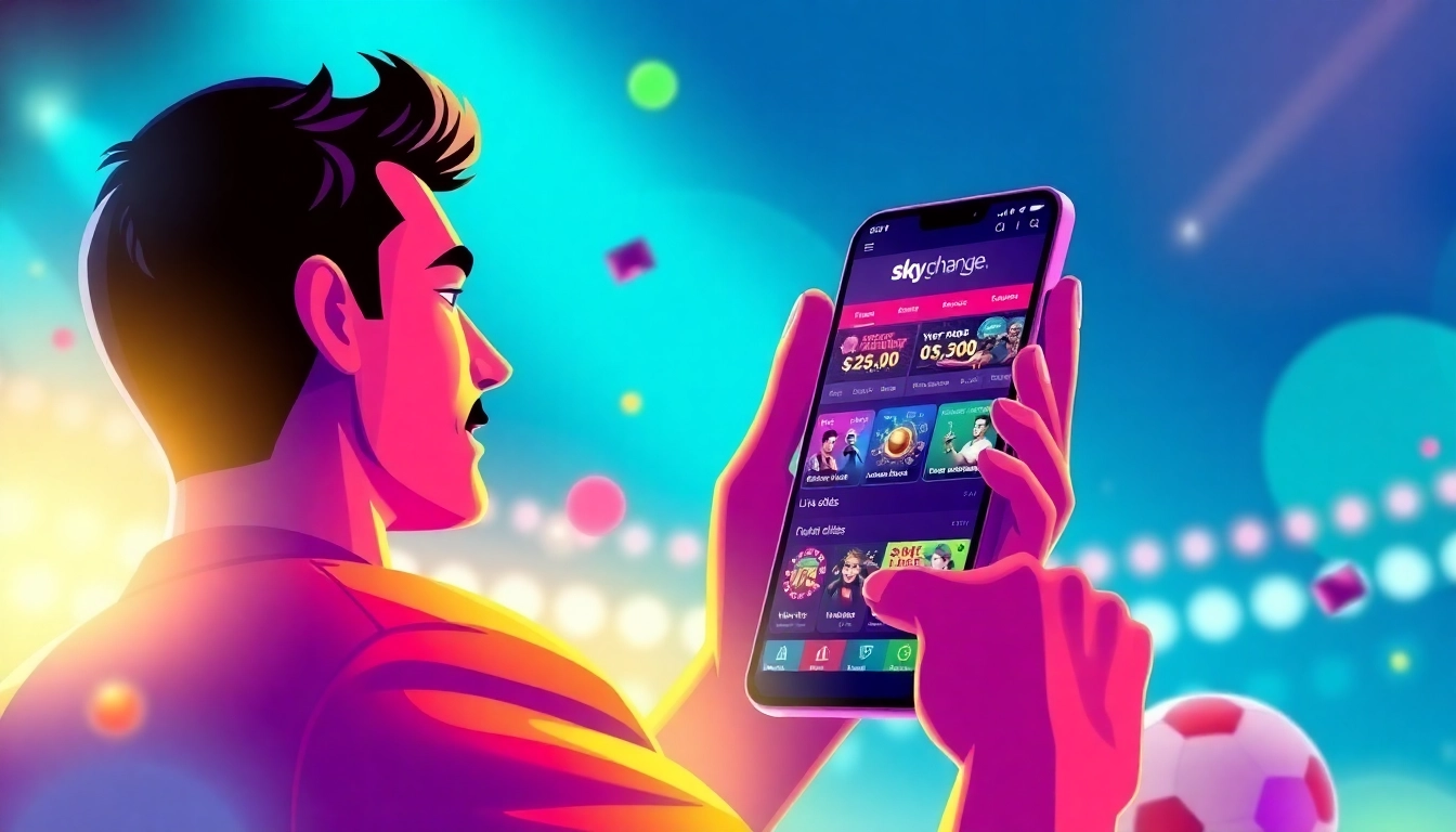 Skyexchange online betting platform displayed on a mobile device, emphasizing sports and casino gaming features for users in India.