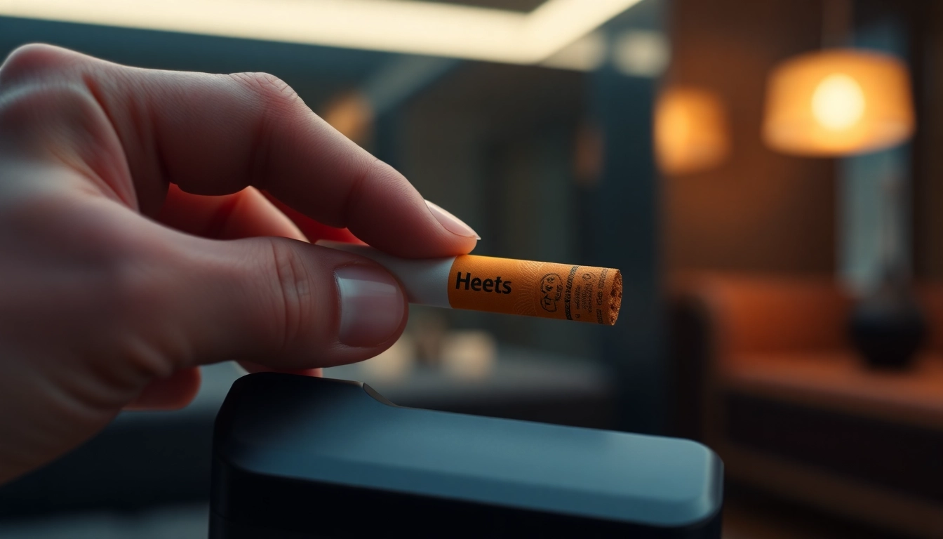Heets sigara being inserted into an IQOS device, showcasing heated tobacco sticks in a clean, modern setting for enhanced appeal and clarity.