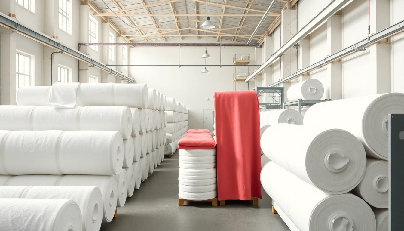 High-quality towels wholesale process scene with raw materials and manufacturing in a modern factory setting.