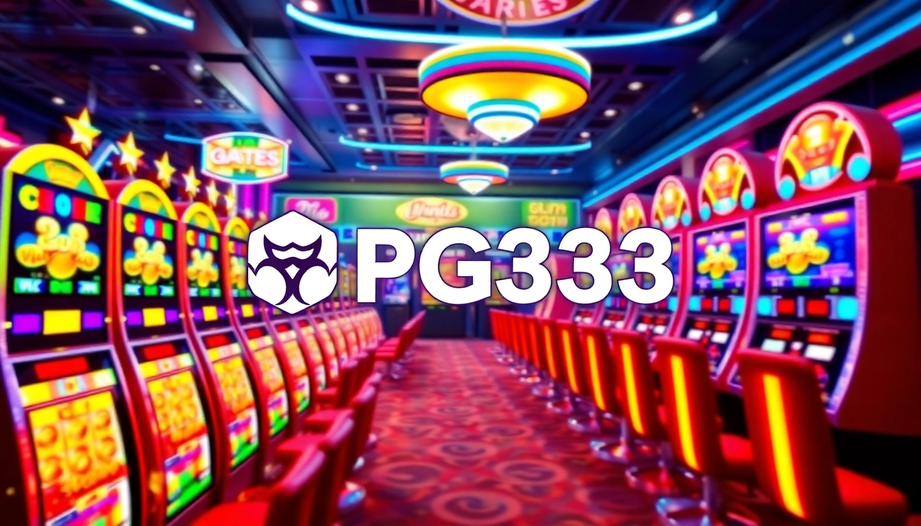 PG333 online casino with vibrant slot machines and neon lights, inviting players to win big.
