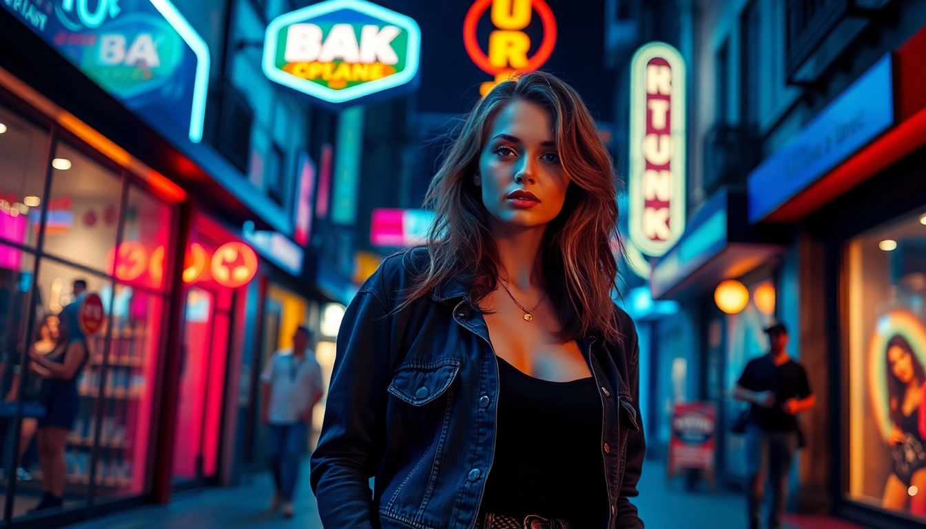 Authentic shot of a woman on the street with bold makeup and casual clothes, representing porno