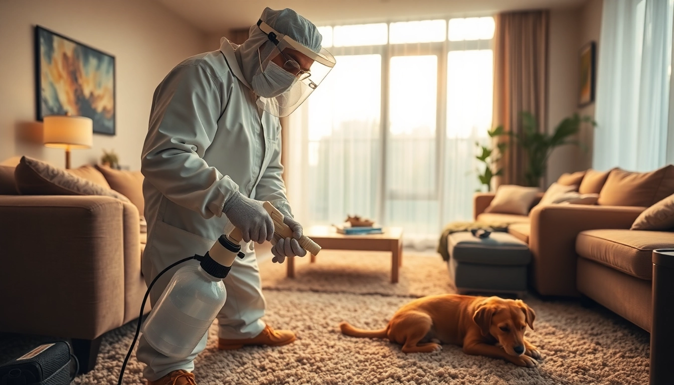 Pest control technician treating a flea infestation in a home environment with professional equipment