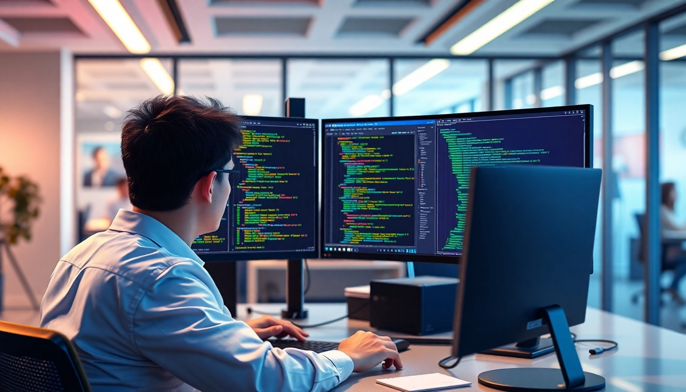 Professional Python developer coding on a computer with multiple monitors for freelance projects