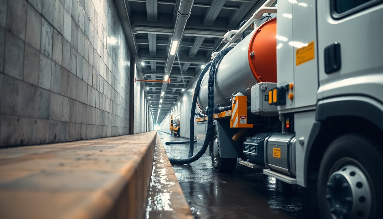 Professional vehicle performing sewer cleaning with hoses and operators in a clean industrial