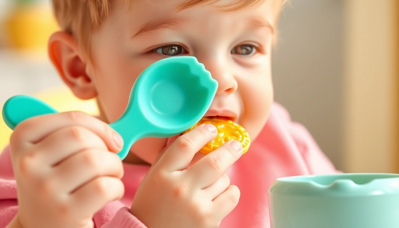 Child using a safe silicone feeding set with bright colors, showcasing set pappa silicone