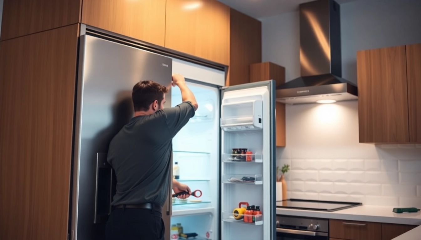 Technician performing appliance repair in Mississauga kitchen to ensure optimal fridge operation