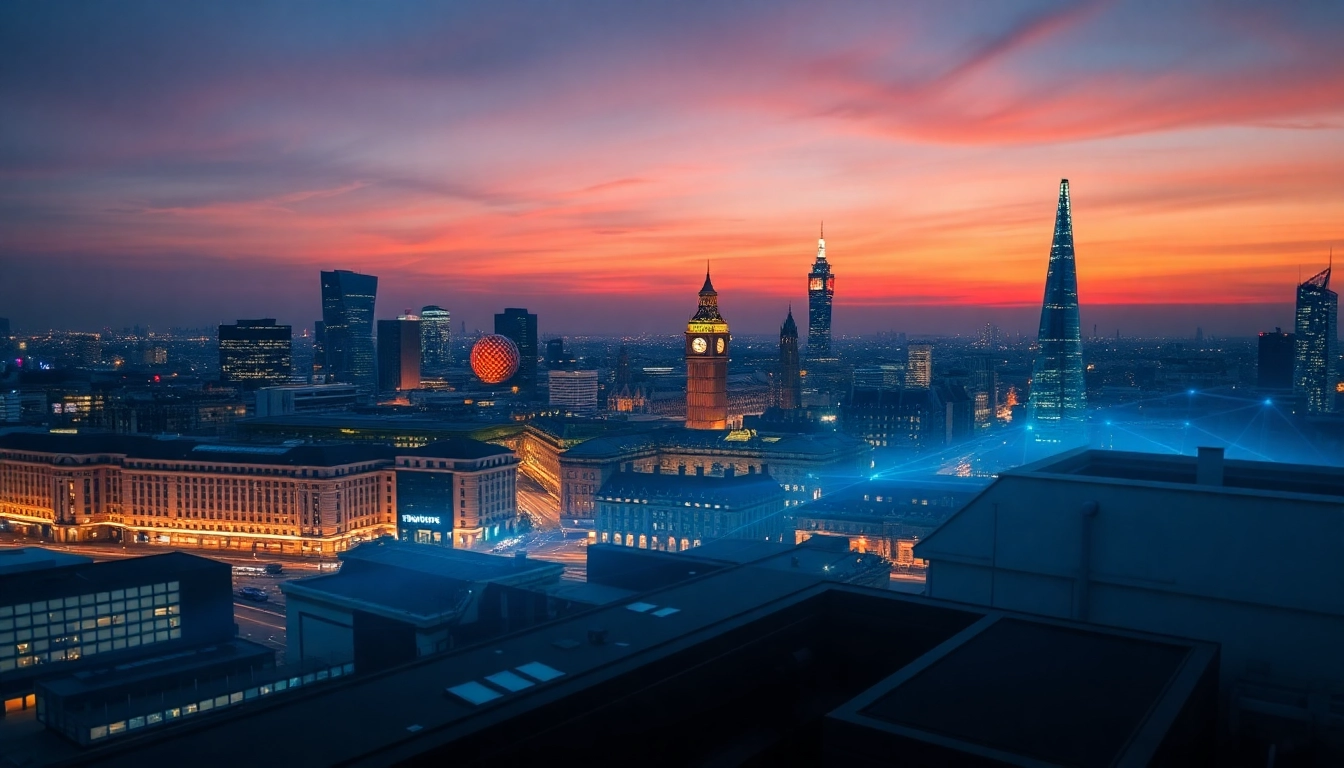 London Online News Portal features bustling cityscape screens displaying latest news updates