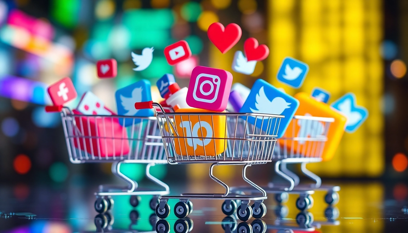 Social Commerce News highlights trends with vibrant digital shopping and social media icons